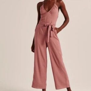 Abercrombie & Fitch Pink Wide-Leg Jumpsuit with Waist Tie